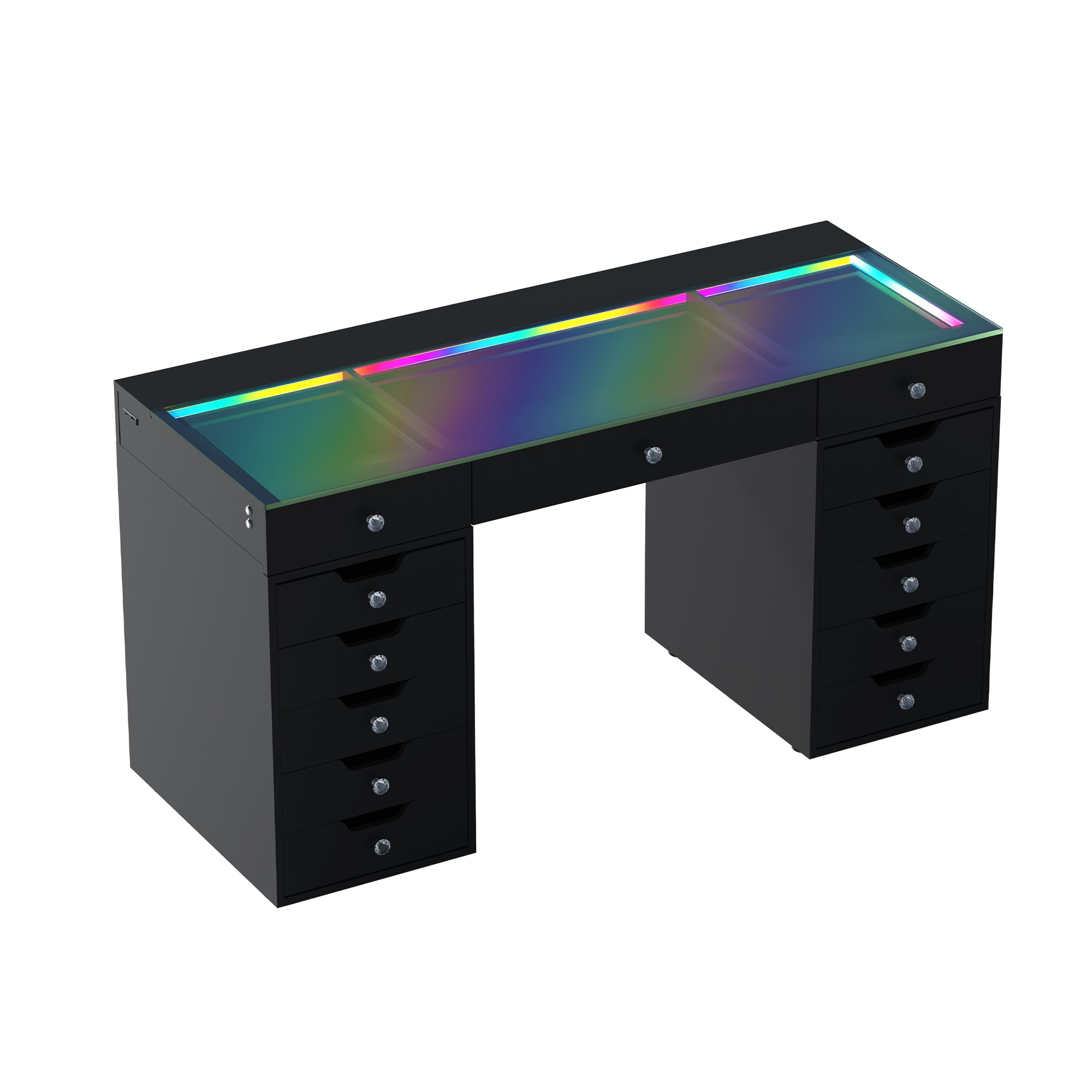 VANITII Eva Vanity Desk features 13 storage drawers,adjustable RGB light strip,USB and Type-C charging ports.
The overall design is simple and black in color.