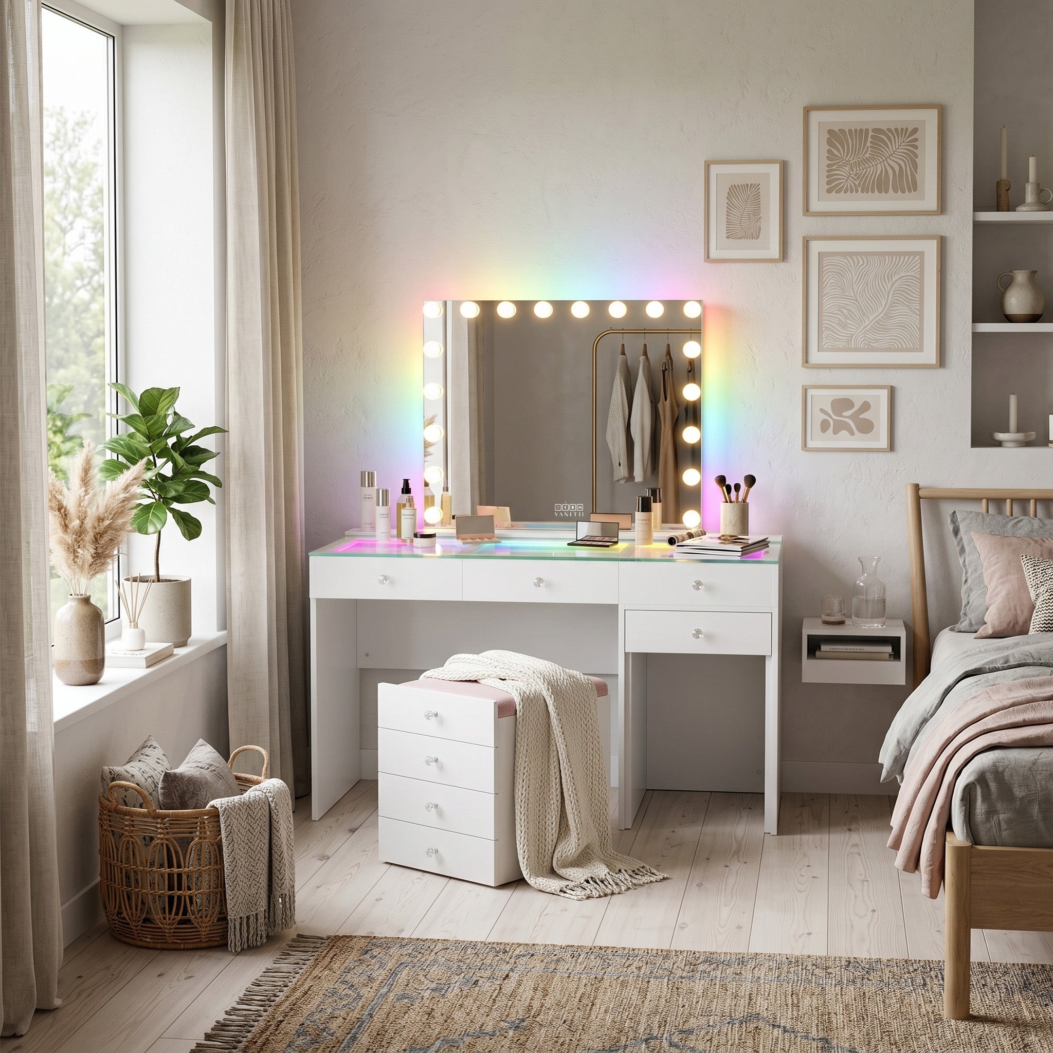VANITII Diana vanity desk features 8 storage drawers with crystal handles,a hidden stool in the drawers.The overall design is simple and white in color. It is placed in the bedroom,being both beautiful and practical.