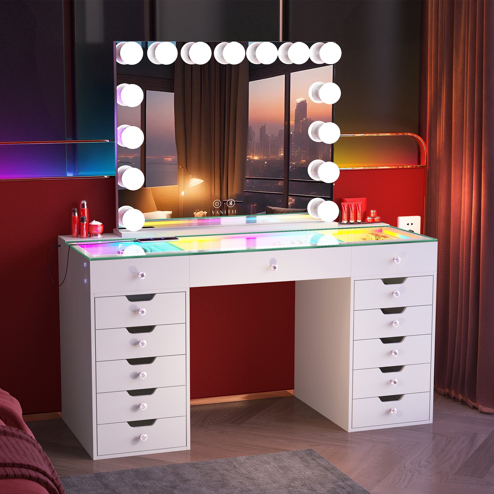 VANITII Eva Vanity Desk features 13 storage drawers,adjustable RGB light strip,USB and Type-C charging ports.
The overall design is simple and white in color.Placed in the bedroom, it is both beautiful and practical.
