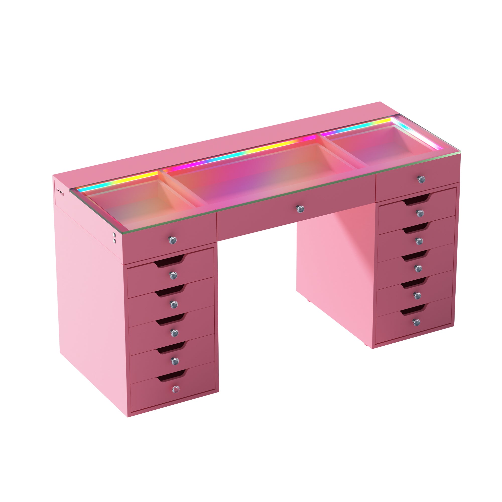 VANITII Eva Vanity Desk features 13 storage drawers,adjustable RGB light strip,USB and Type-C charging ports.
The overall design is simple and pink in color.