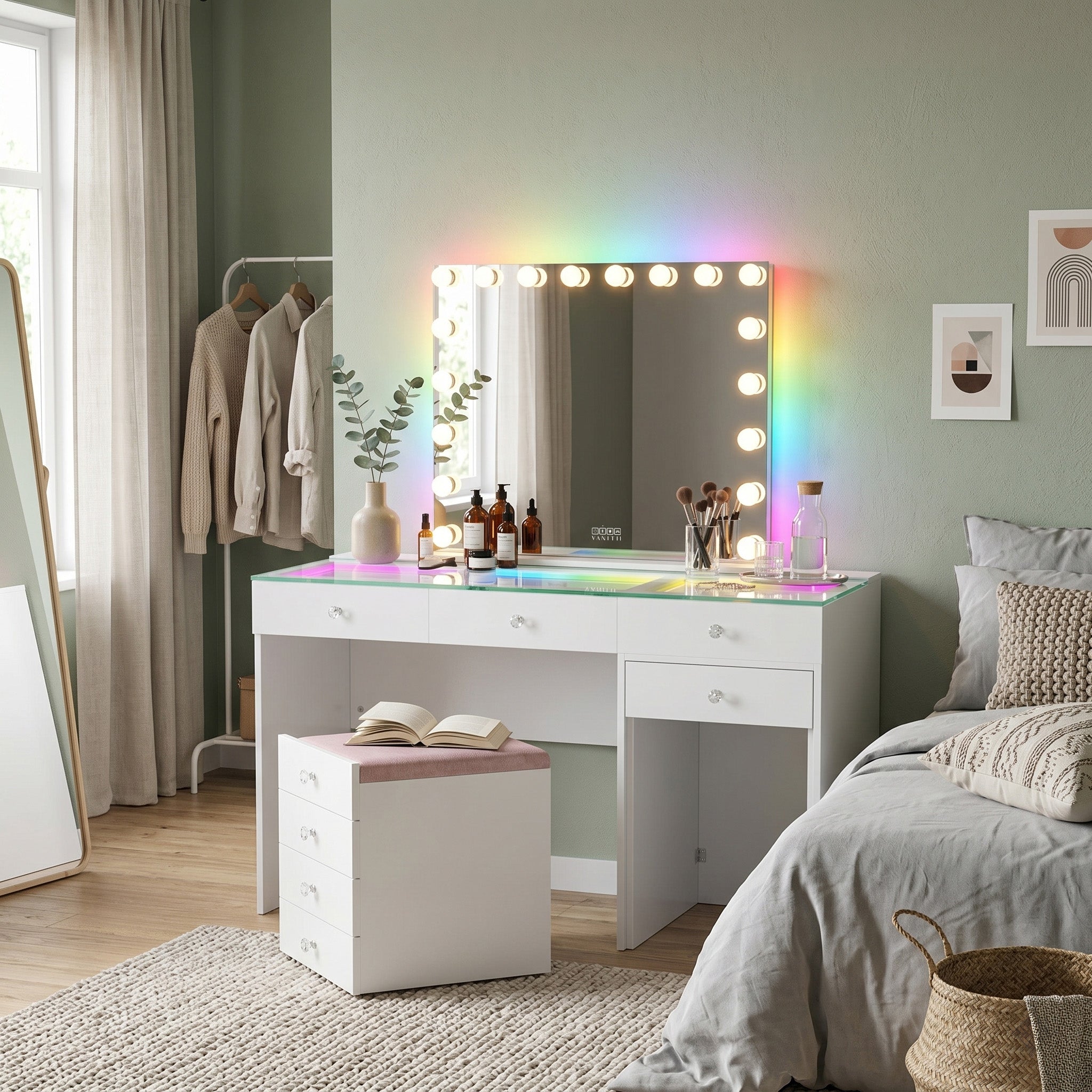 VANITII Diana vanity desk features 8 storage drawers with crystal handles,a hidden stool in the drawers.The overall design is simple and white in color. It is placed in the bedroom,being both beautiful and practical.