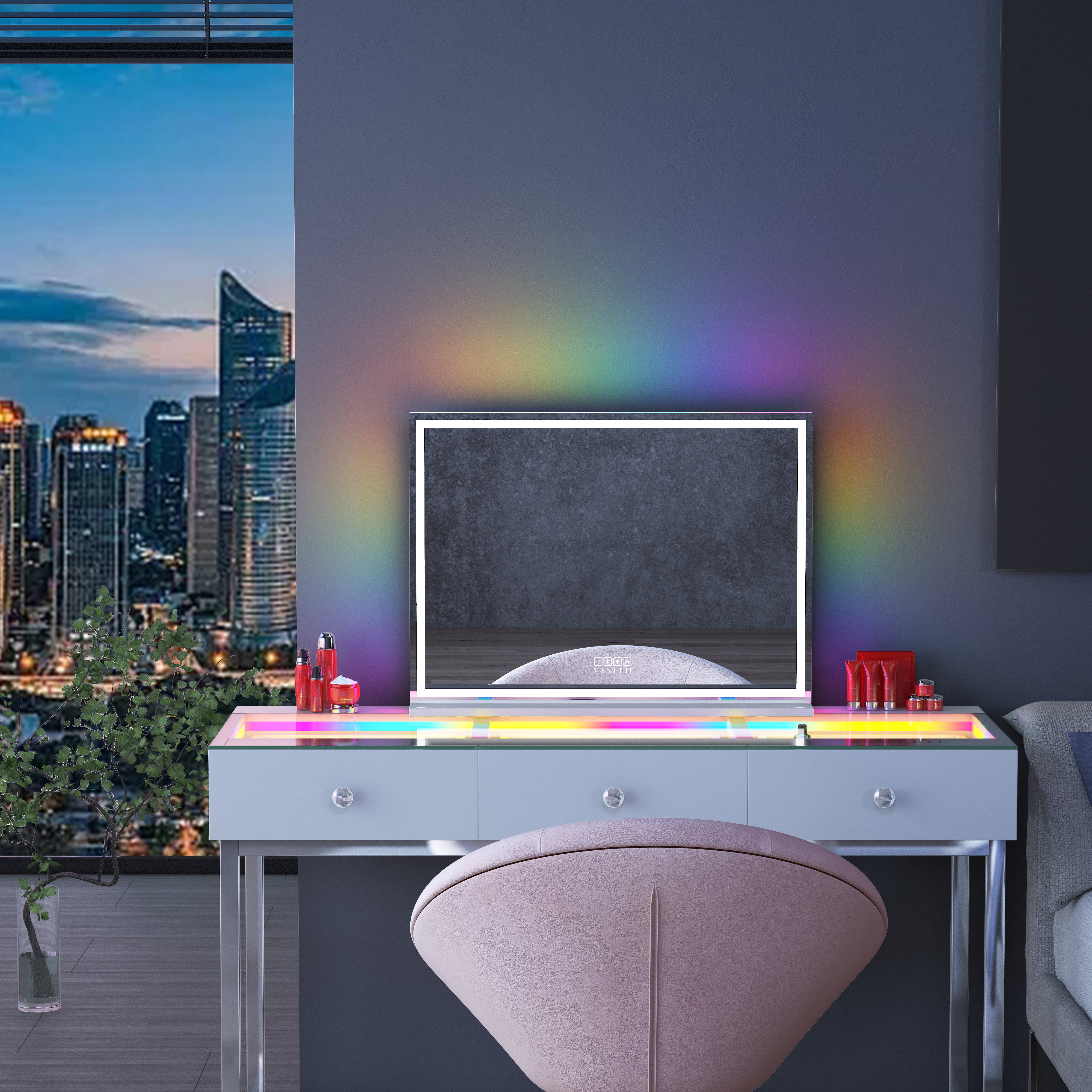 VANITII Luxury Hollywood Vanity Mirror with RGB and Bluetooth Speaker- Led Light Strip