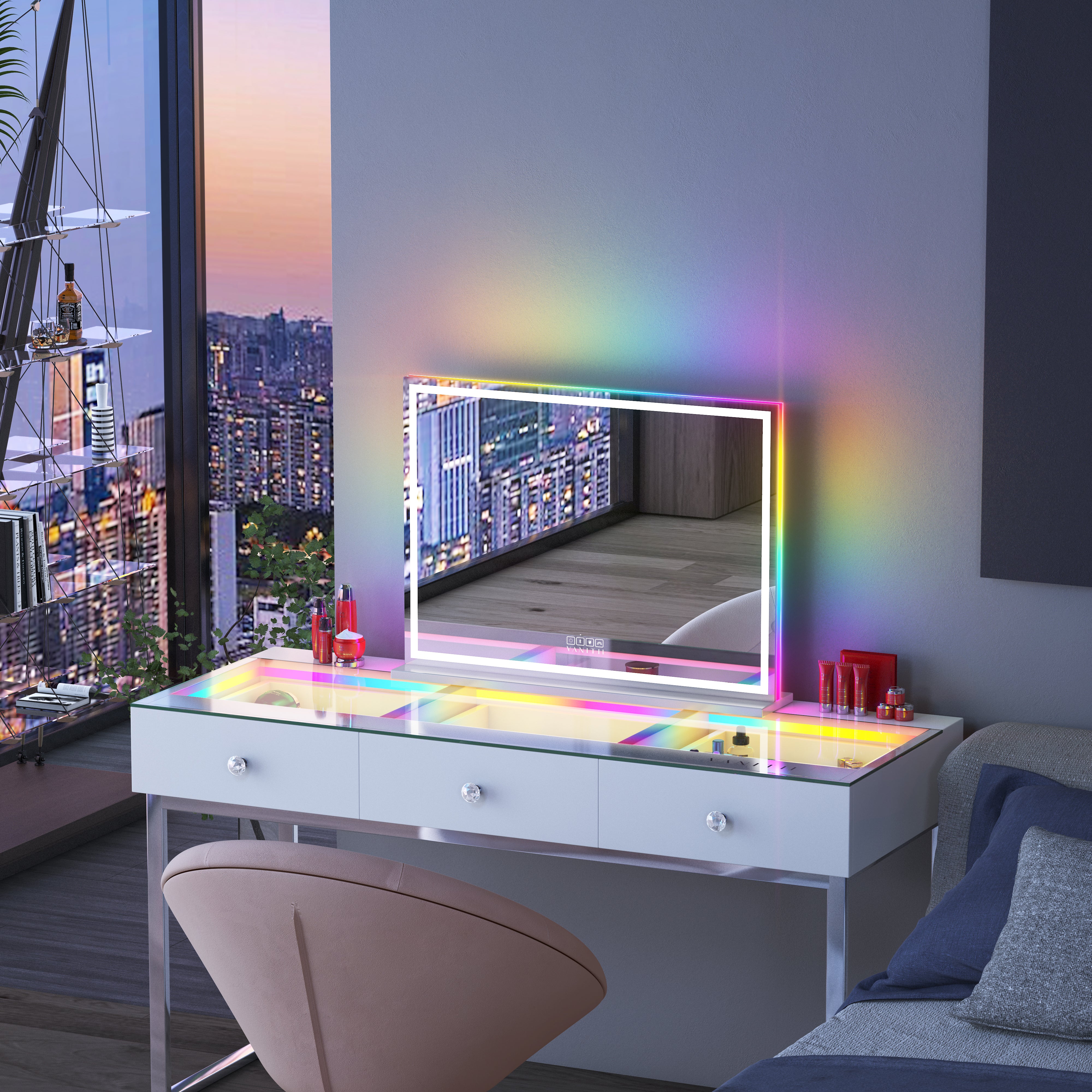 VANITII Luxury Hollywood Vanity Mirror with RGB and Bluetooth Speaker- Led Light Strip