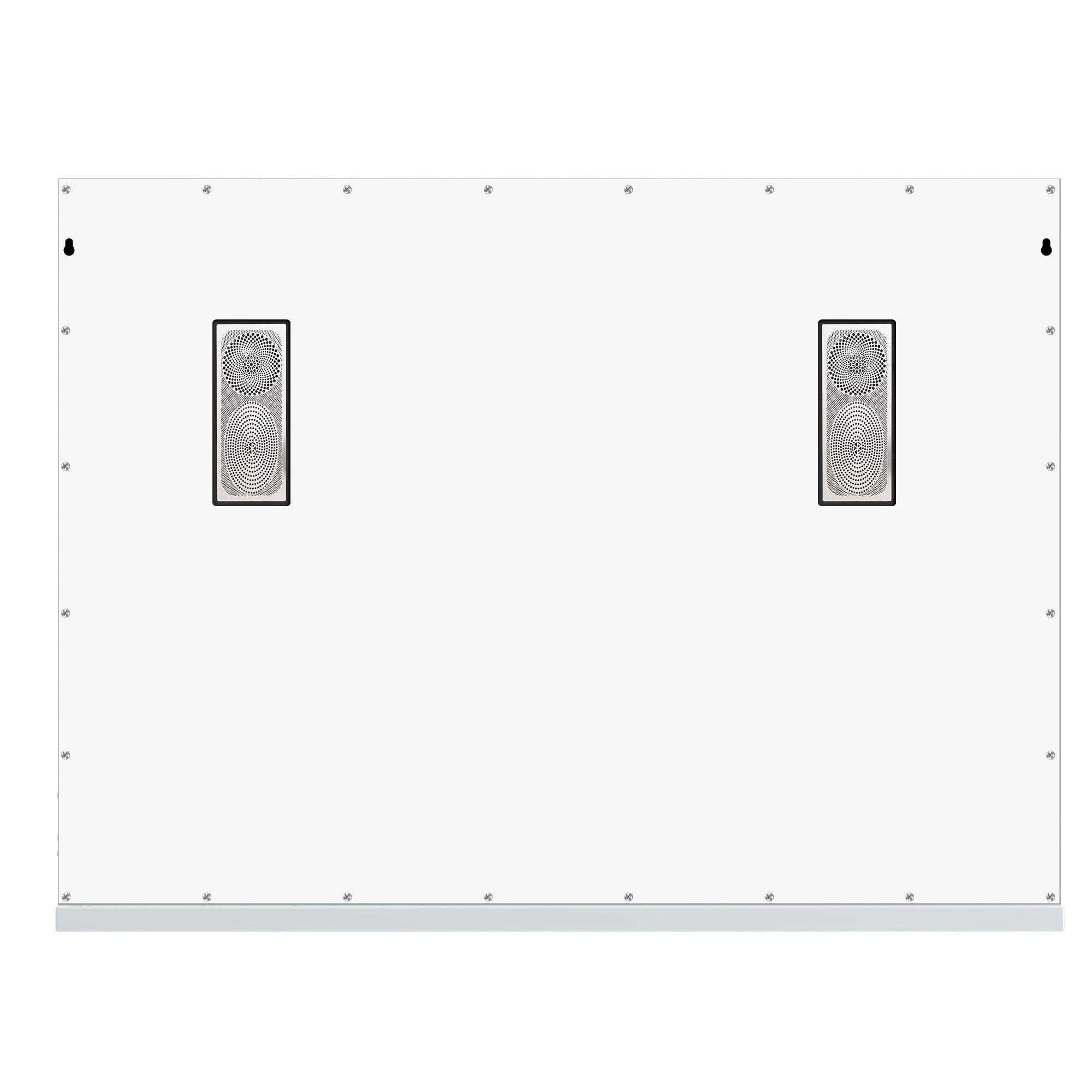The back of the mirror features a simple white design, with speaker holes and hanging installation holes.