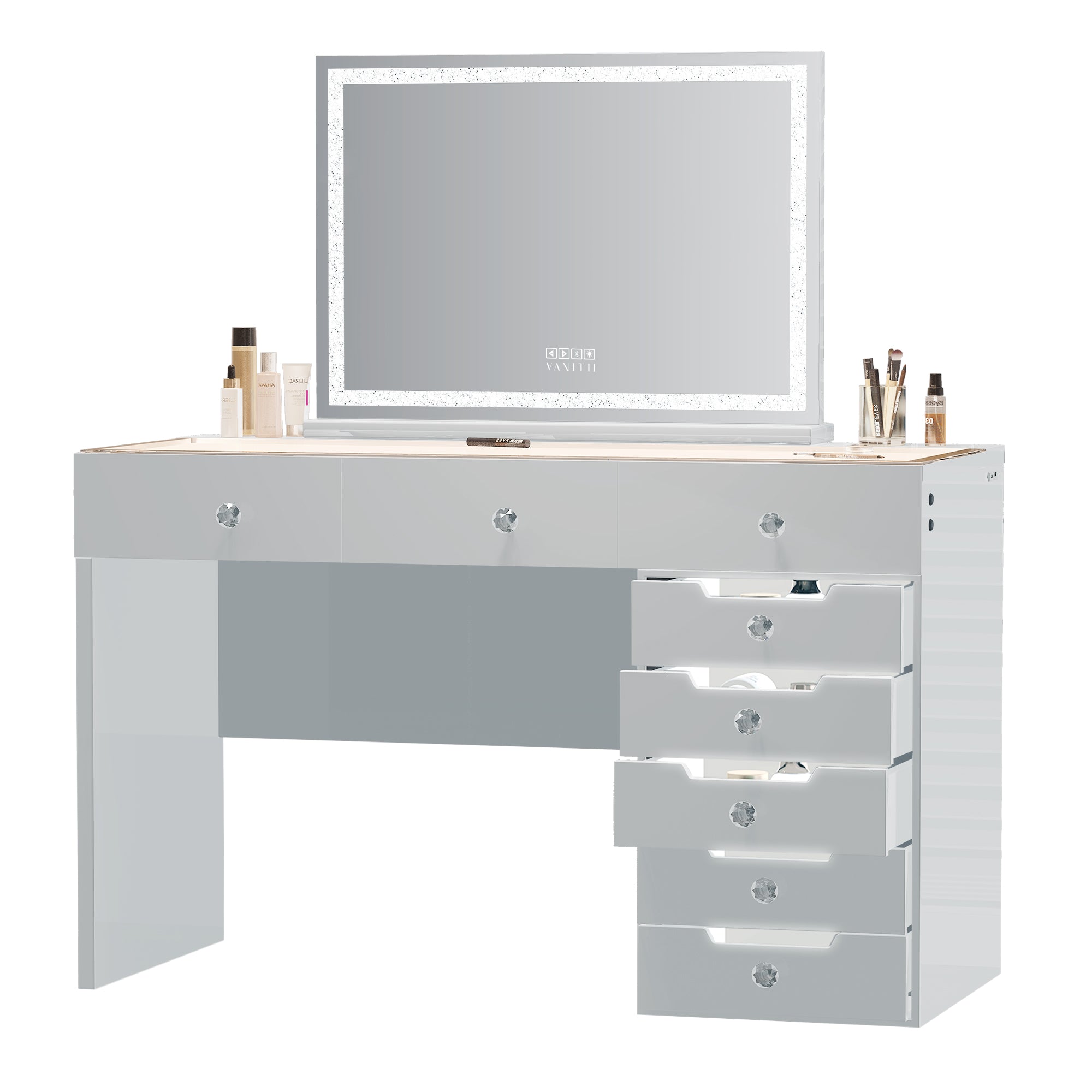 VANITII Diana Vanity Desk features adjustable light color and brightness,8 storage drawers,Type-C and USB charging port.The overall design is simple and white in color.