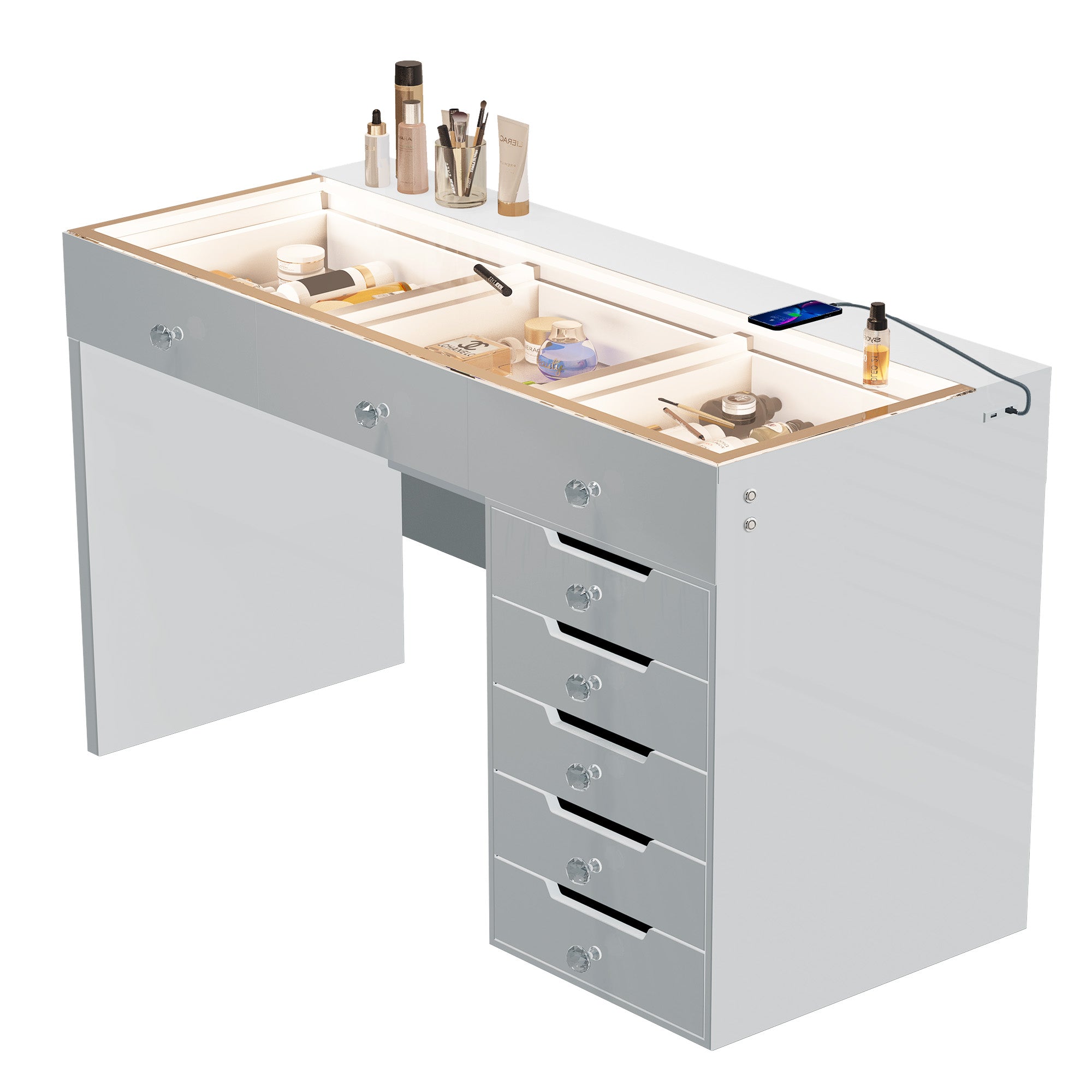 VANITII Diana Vanity Desk features adjustable light color and brightness,8 storage drawers,Type-C and USB charging port.The overall design is simple and white in color.