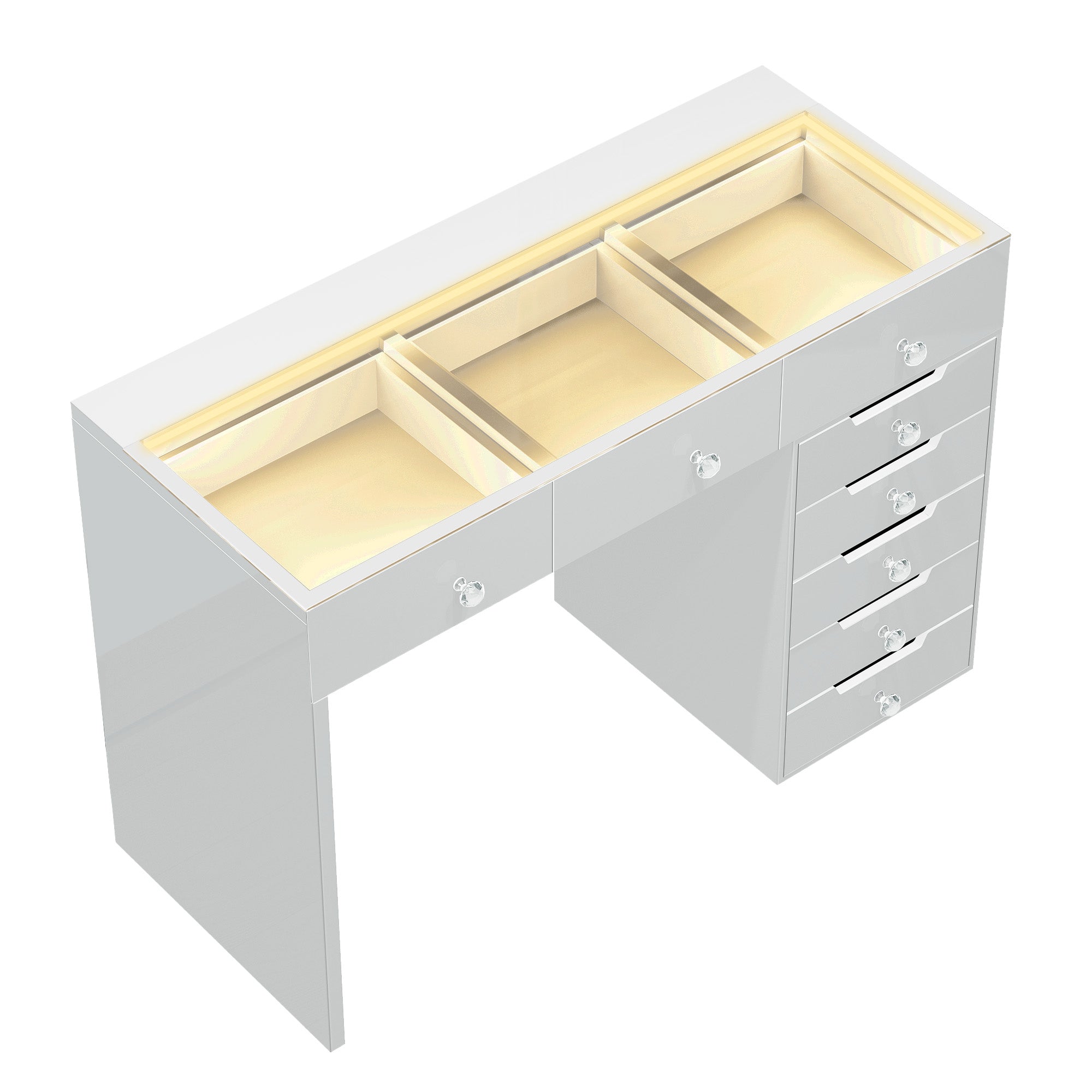 VANITII Diana Vanity Desk features adjustable light color and brightness,8 storage drawers.The overall design is simple and white in color.