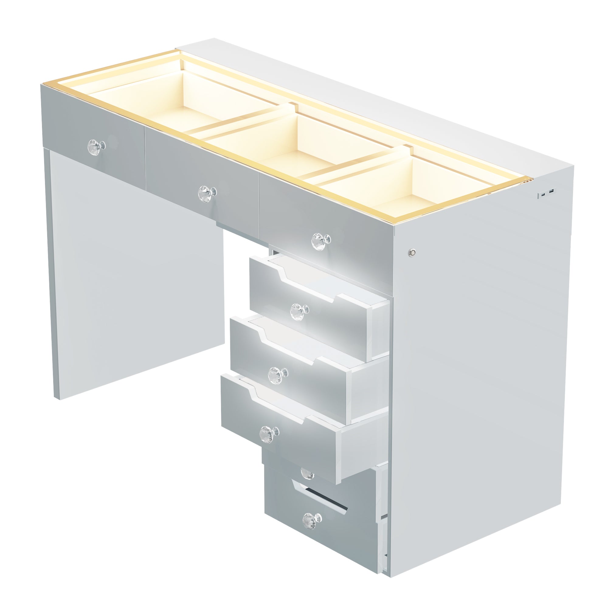 VANITII Diana Vanity Desk features adjustable light color and brightness,8 storage drawers.The overall design is simple and white in color.