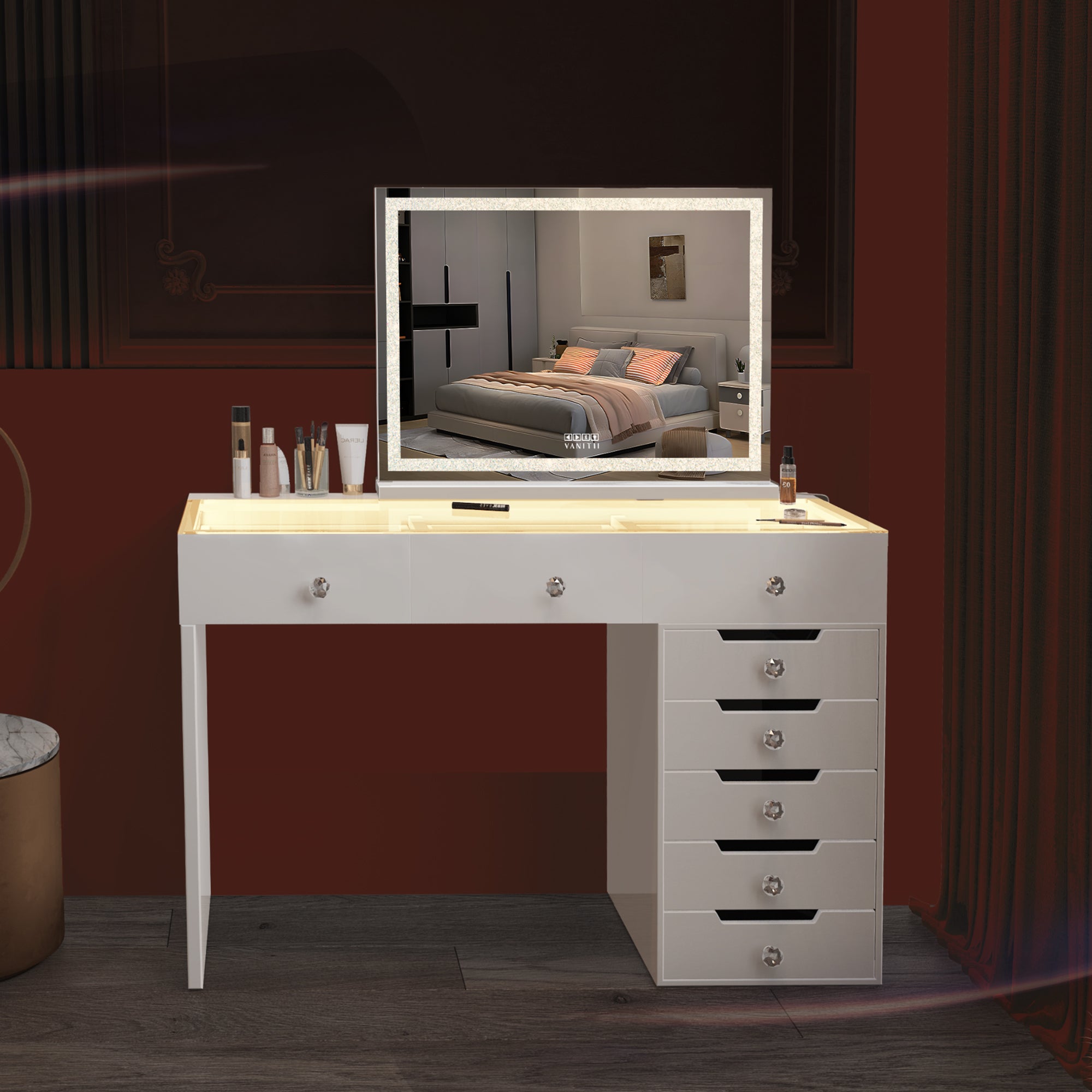 VANITII Diana Vanity Desk features adjustable light color and brightness,8 storage drawers,Type-C and USB charging port.The overall design is simple and white in color. Placed in the bedroom, it is both beautiful and practical.
