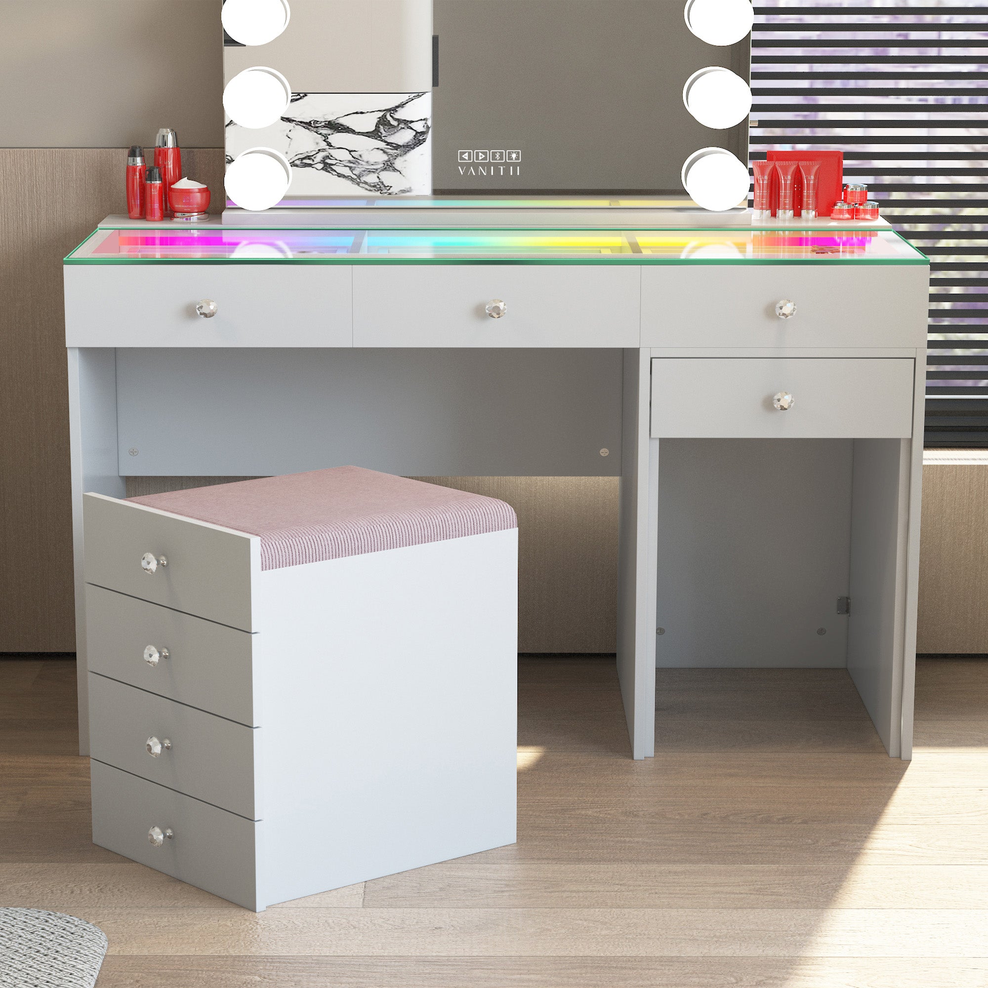 New Release ! VANITII Diana 8 Drawers Vanity Desk Includes a Soft Hidden Stool With Storage Space