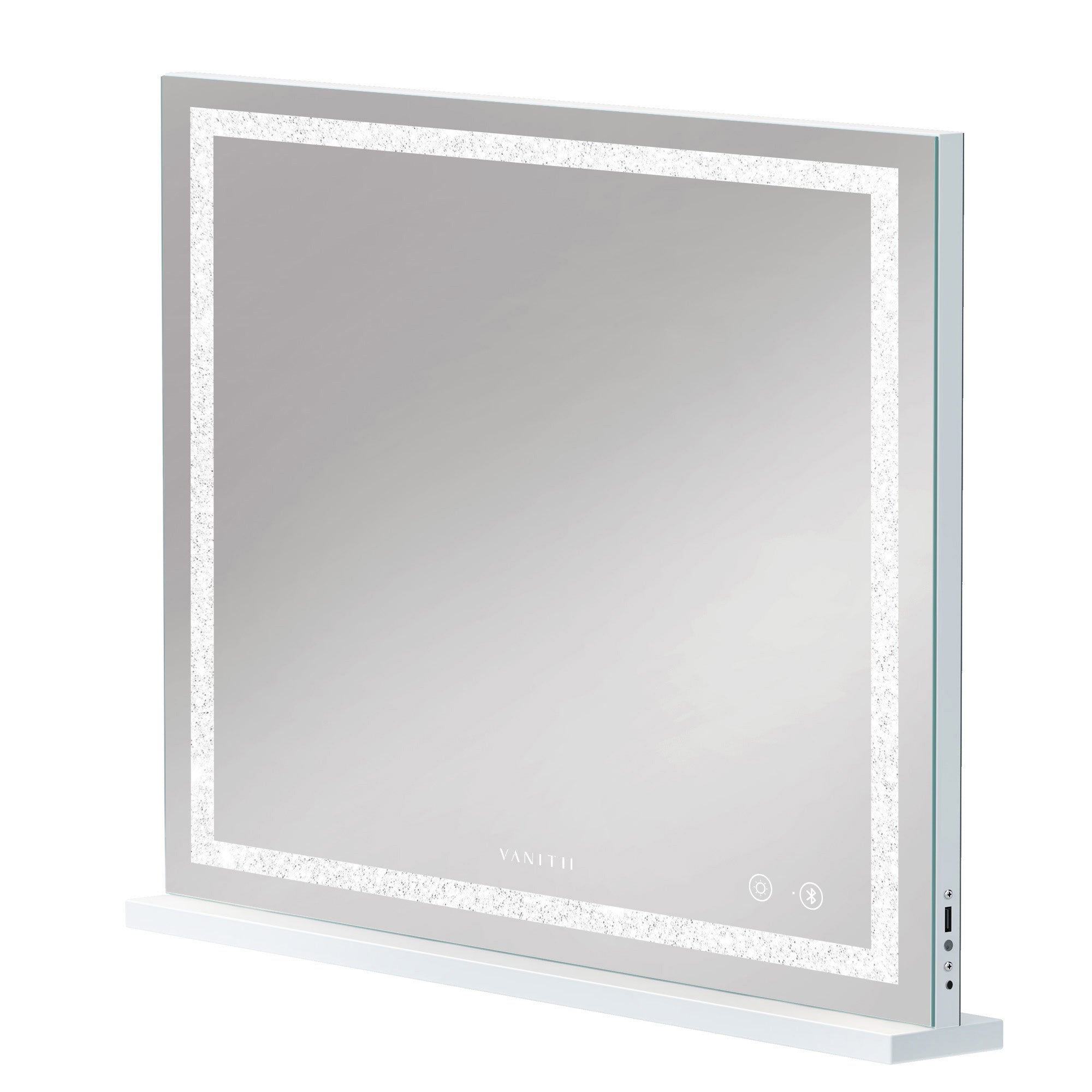 VANITII Crystal Hollywood Vanity Mirror features adjustable light strip,smart touch sensor,detachable mirror base and bluetooth speakers.The overall design is simple and white in color.