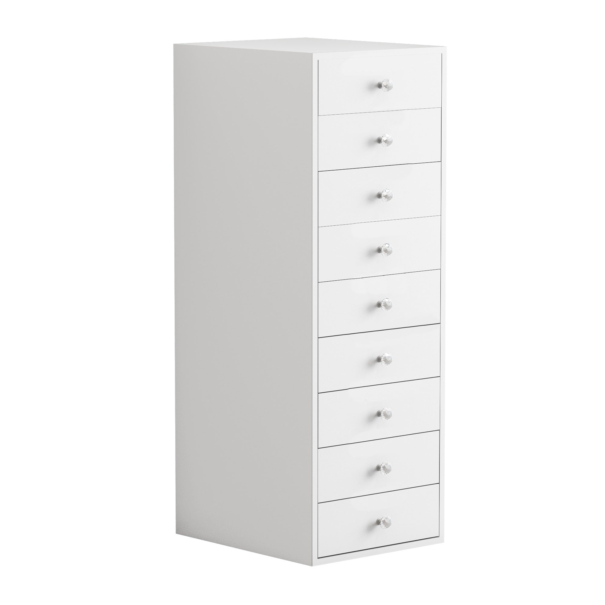 VANITII Makeup Vanity Storage features 9 drawers with crystal handle,LED light strip.The overall design is simple and white in color.