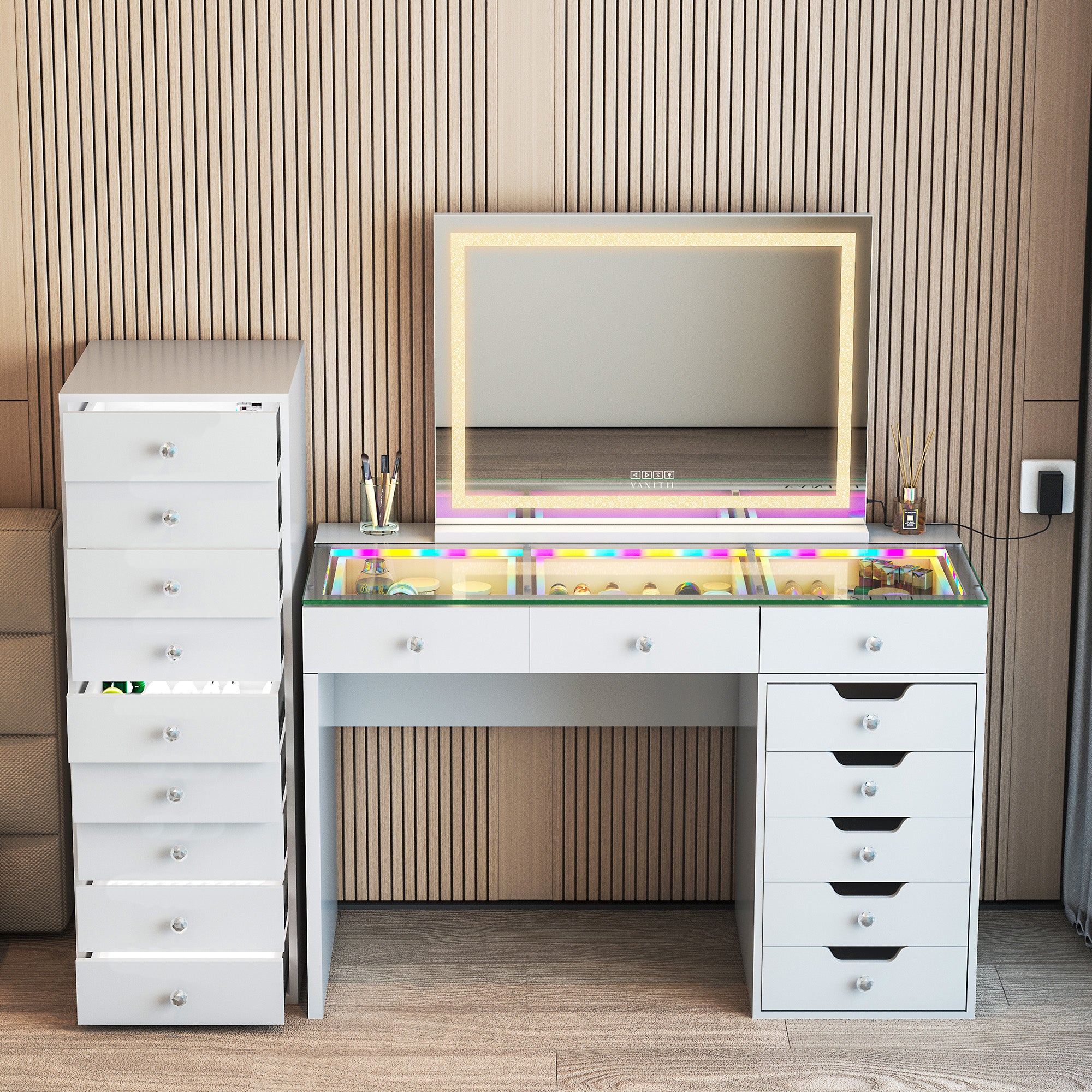 VANITII Makeup Vanity Storage features 9 drawers with crystal handle,LED light strip.The overall design is simple and white in color.
Placed in the bedroom, it is both beautiful and practical.