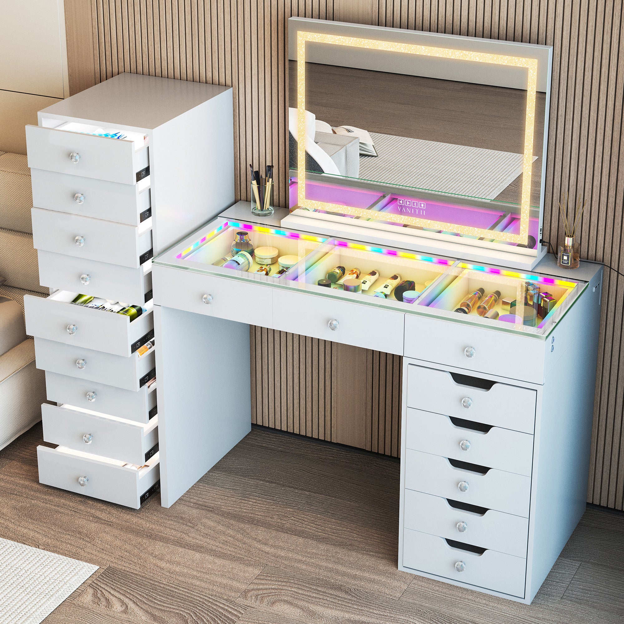 VANITII Makeup Vanity Storage features 9 drawers with crystal handle,LED light strip.The overall design is simple and white in color.
Placed in the bedroom, it is both beautiful and practical.