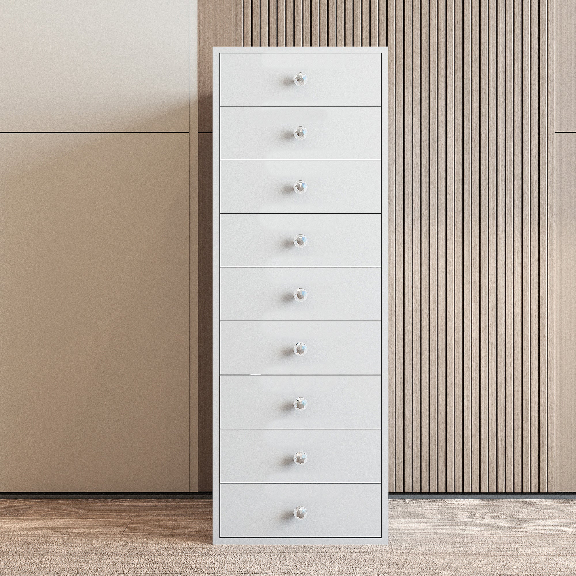 VANITII Makeup Vanity Storage features 9 drawers with crystal handle,LED light strip.The overall design is simple and white in color.
Placed in the bedroom, it is both beautiful and practical.