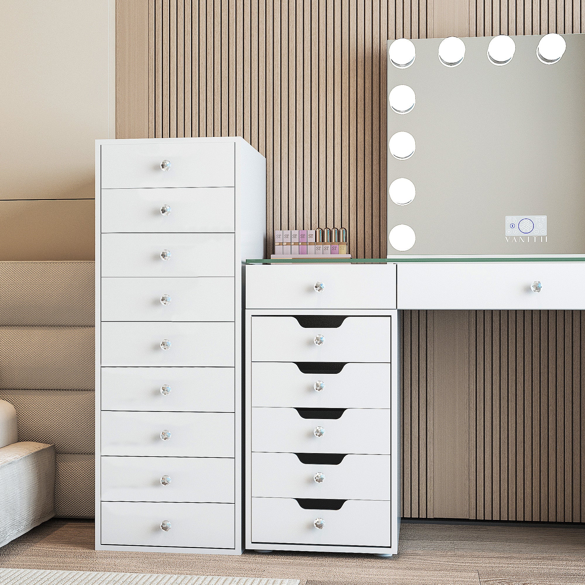 VANITII Makeup Vanity Storage features 9 drawers with crystal handle,LED light strip.The overall design is simple and white in color.
Placed in the bedroom, it is both beautiful and practical.