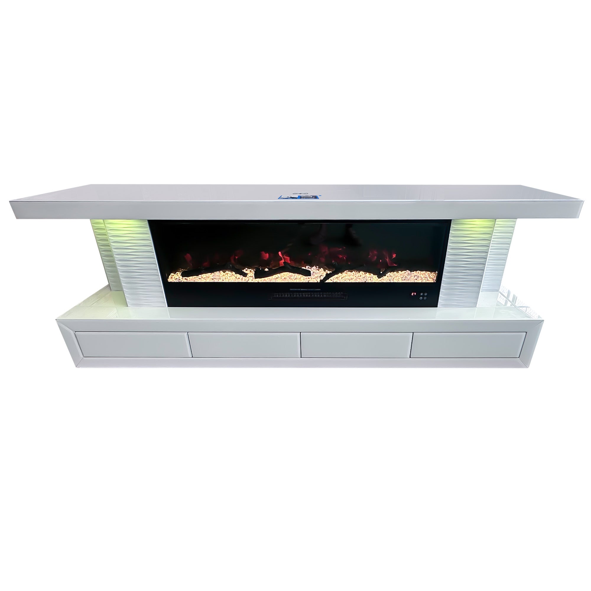 VANITII TV Stand features multi-color LED electric fireplace,tri-color LED cylinder lights,built-in bluetooth speaker and so on.The overall design is simple and white in color.