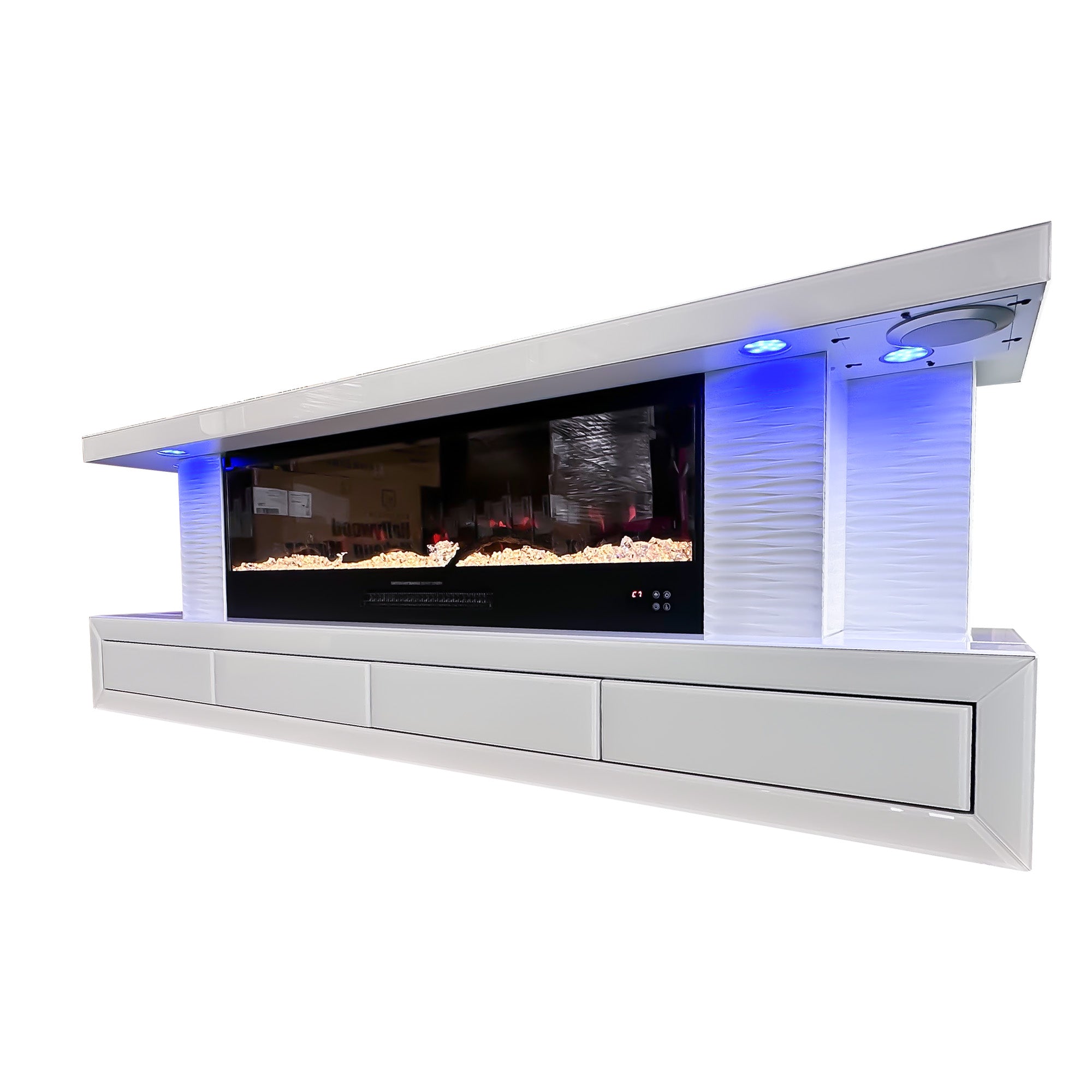 VANITII TV Stand features multi-color LED electric fireplace,tri-color LED cylinder lights,built-in bluetooth speaker and so on.The overall design is simple and white in color.