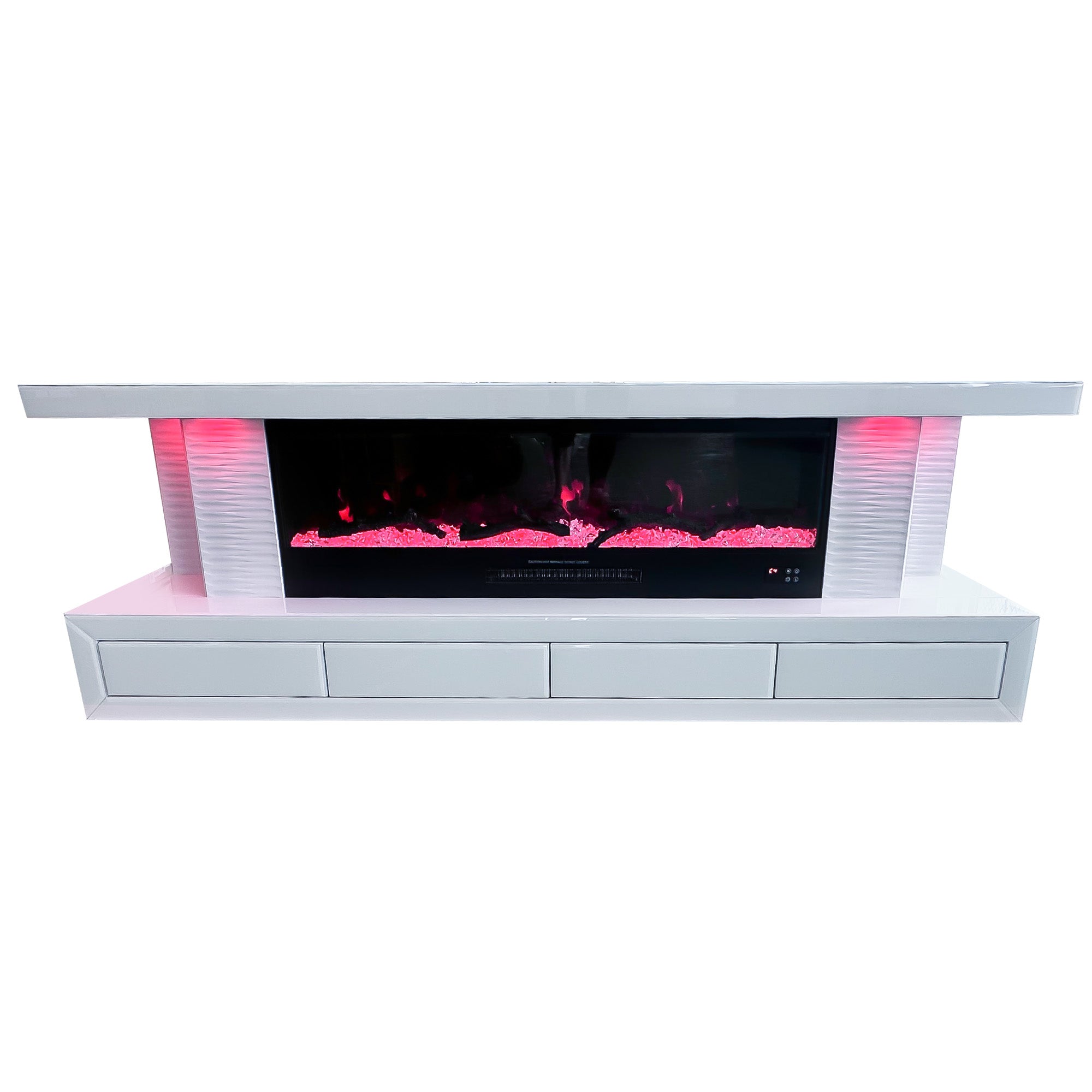VANITII TV Stand features multi-color LED electric fireplace,tri-color LED cylinder lights,built-in bluetooth speaker and so on.The overall design is simple and white in color.
