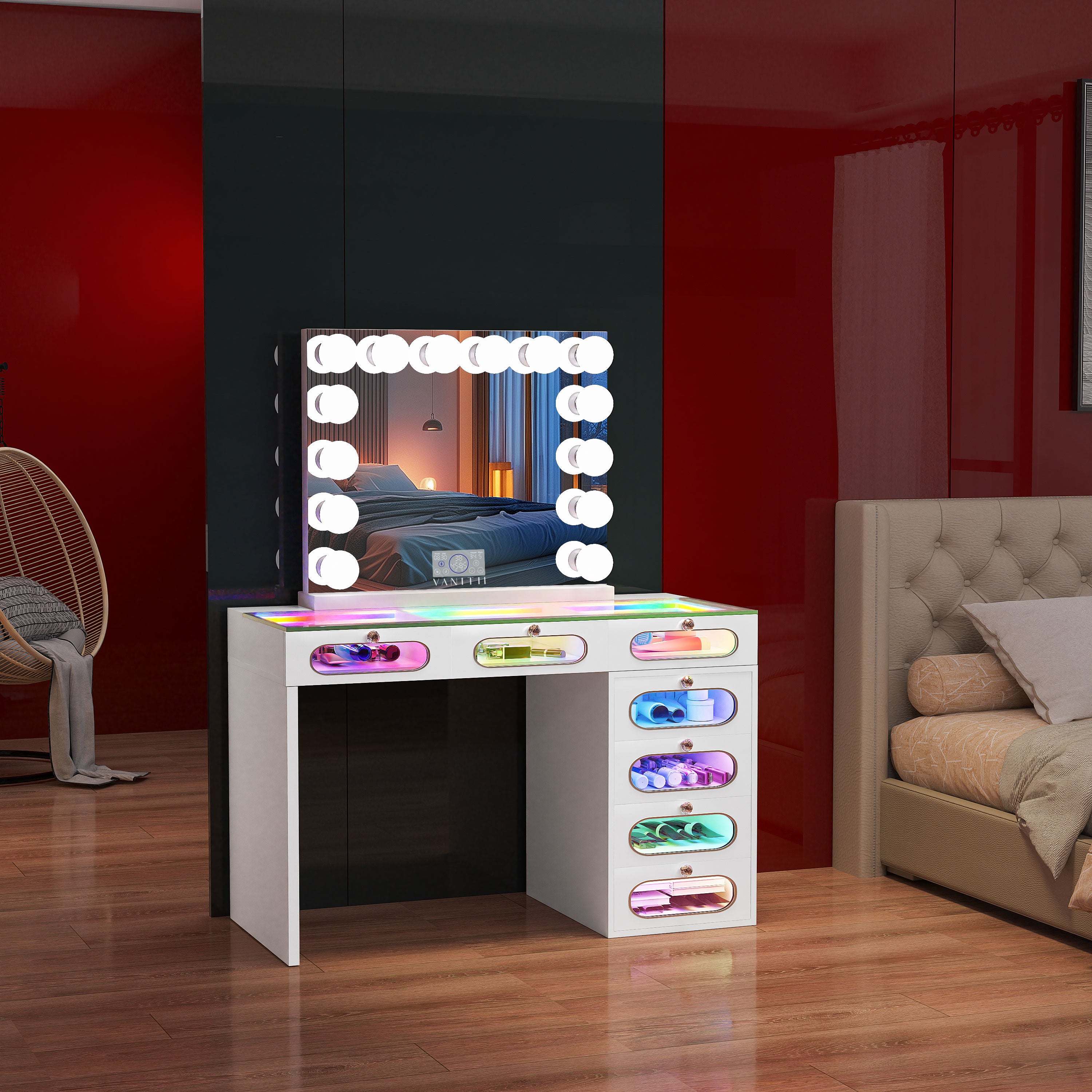 New Release ! VANITII 7 Glass Fronted Drawers with Crystal Handles