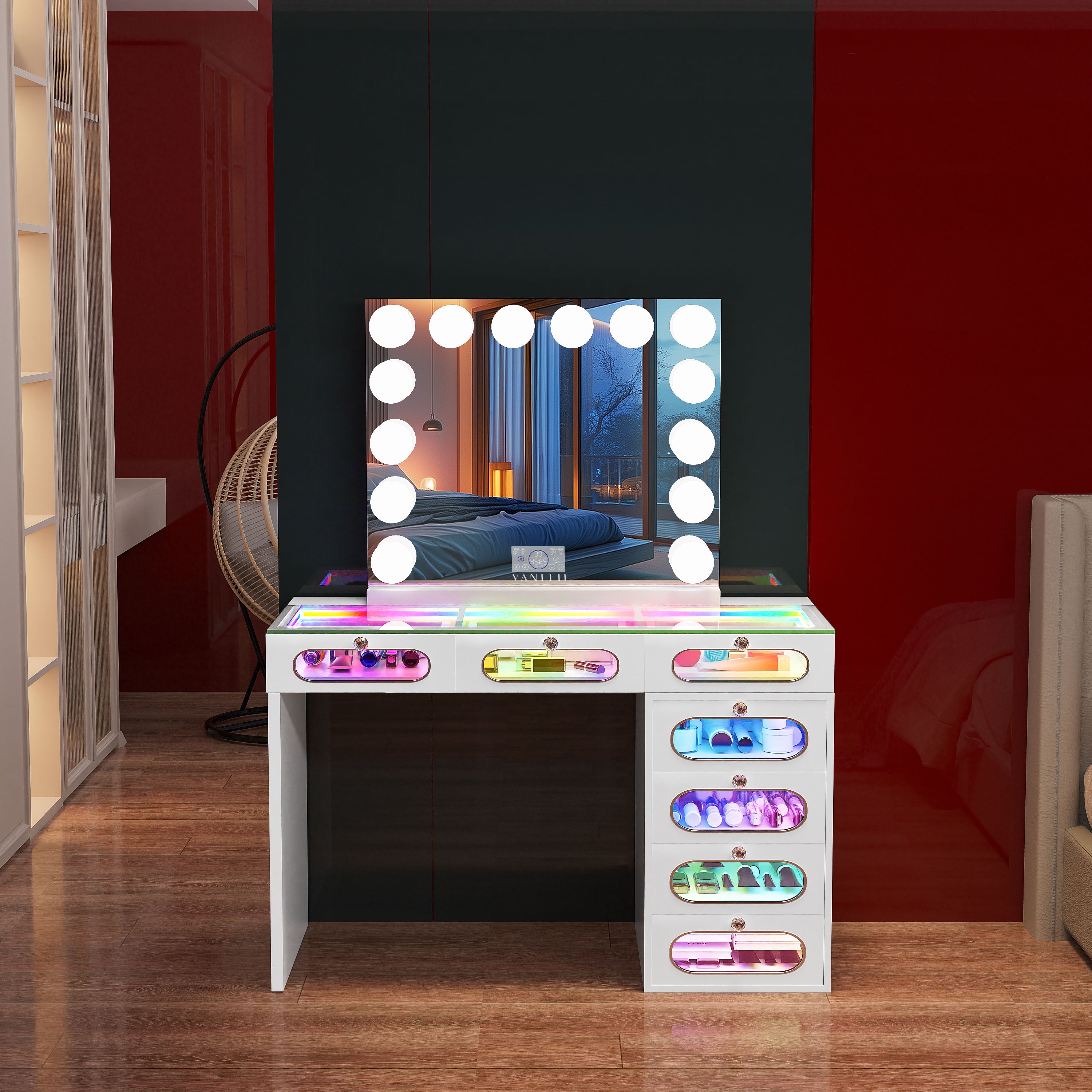 New Release ! VANITII 7 Glass Fronted Drawers with Crystal Handles