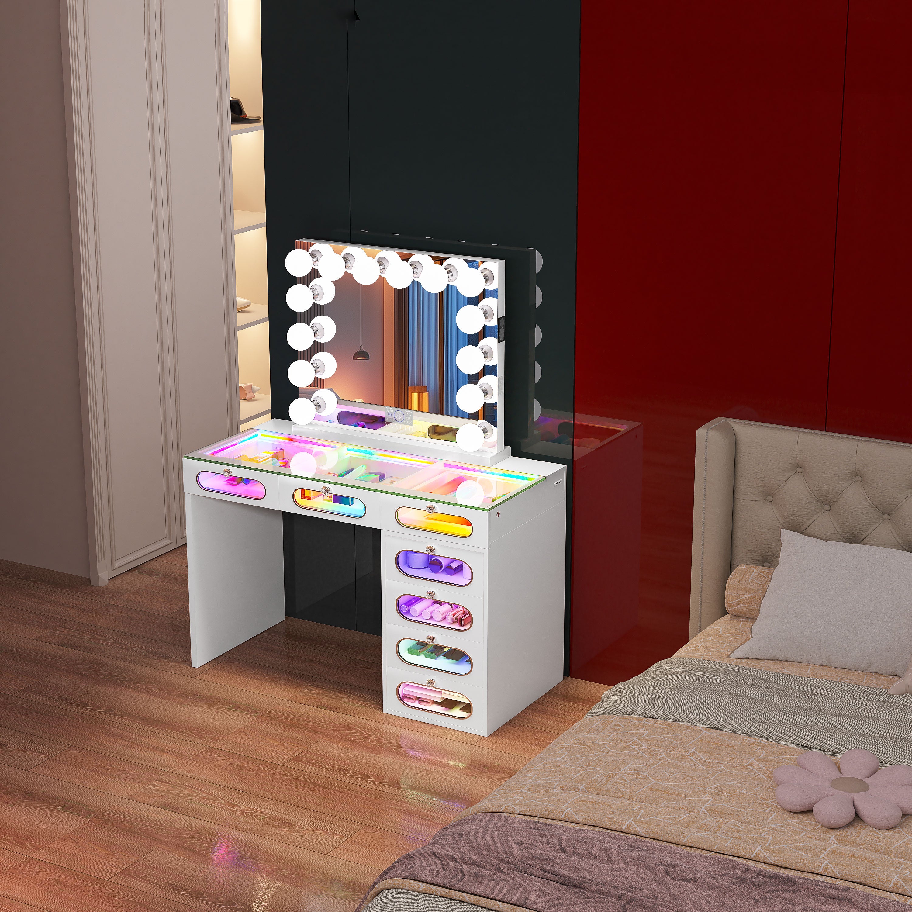 New Release ! VANITII 7 Glass Fronted Drawers with Crystal Handles