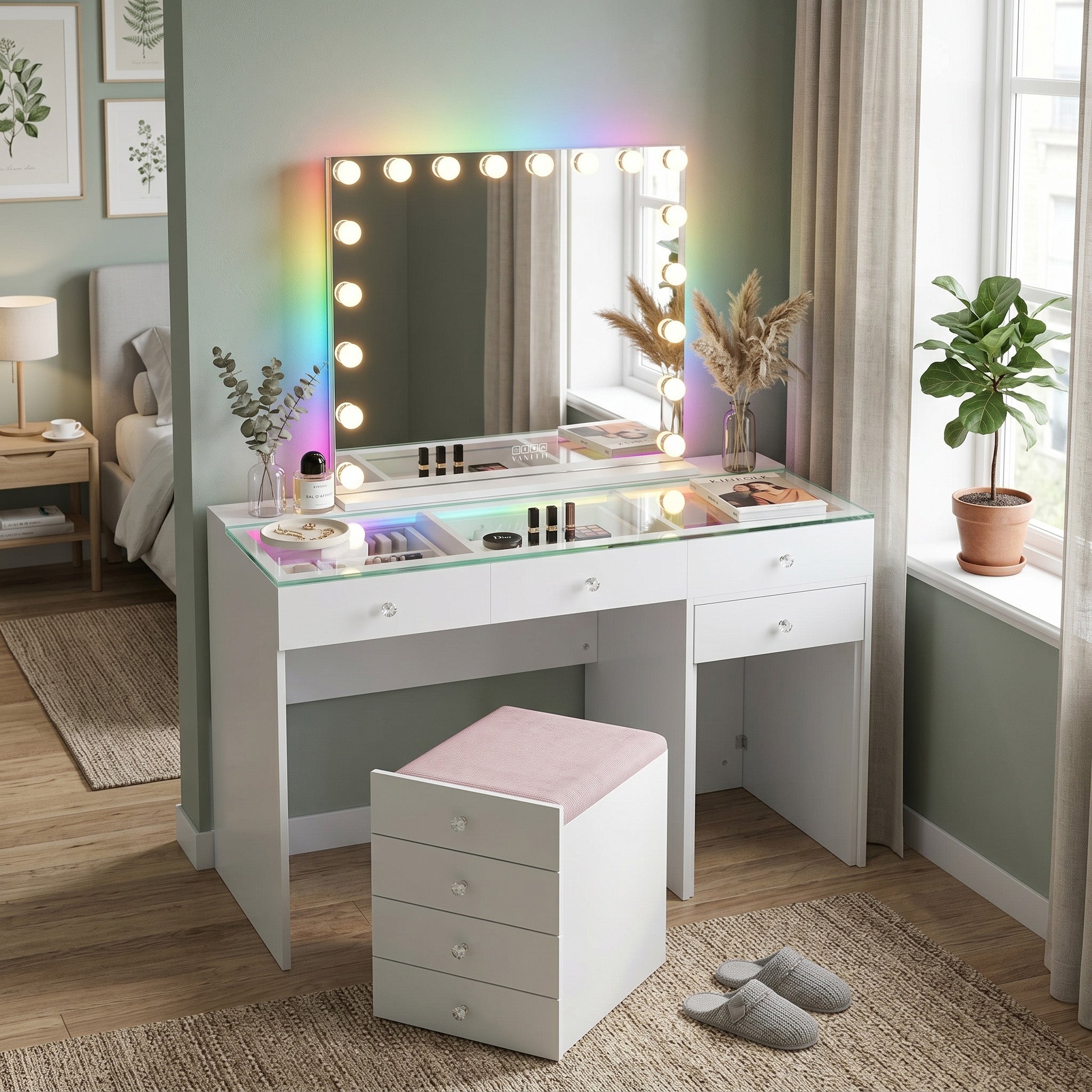 VANITII Diana vanity desk features 8 storage drawers with crystal handles,a hidden stool in the drawers.The overall design is simple and white in color. It is placed in the bedroom,being both beautiful and practical.