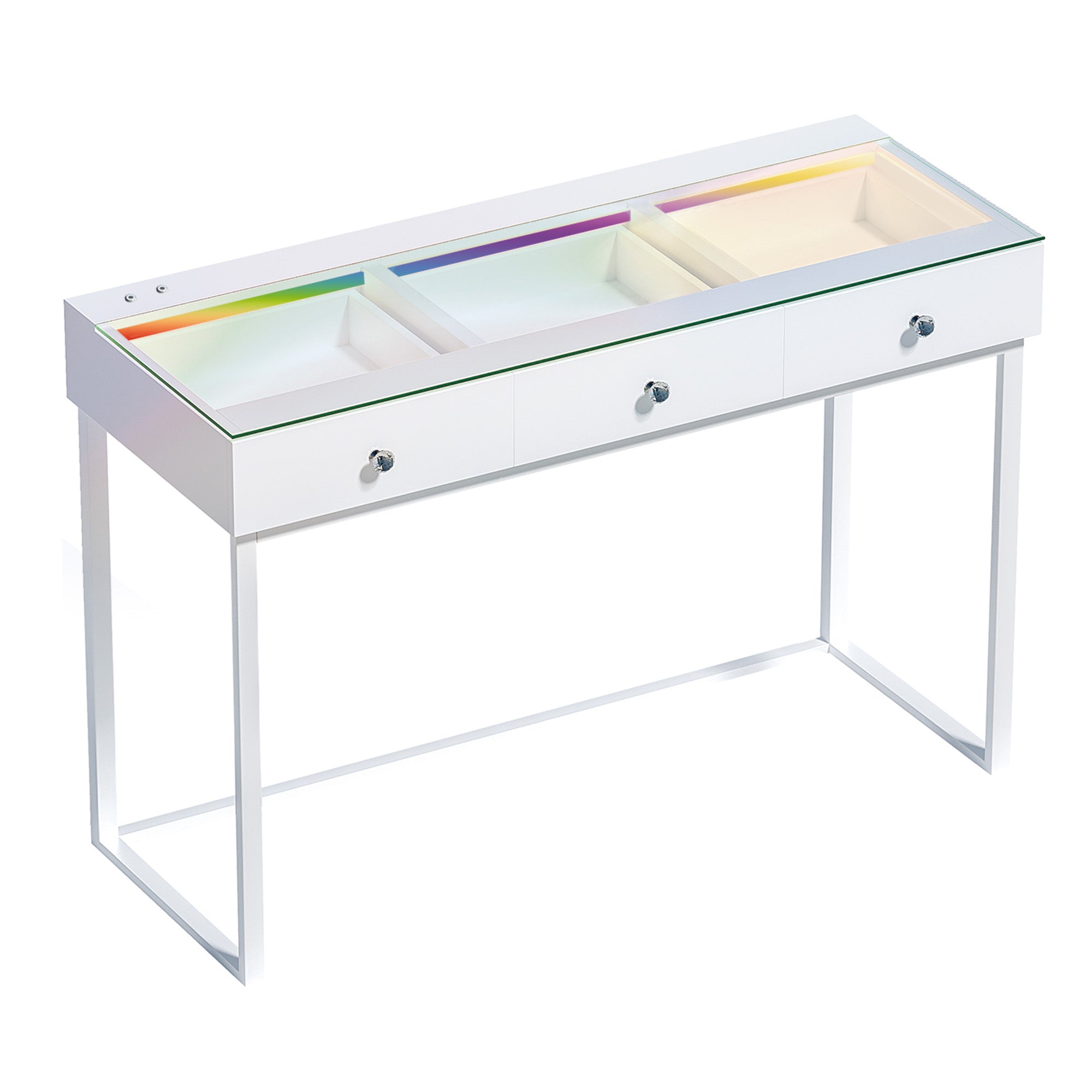 White console table with glass top and drawers on a white background