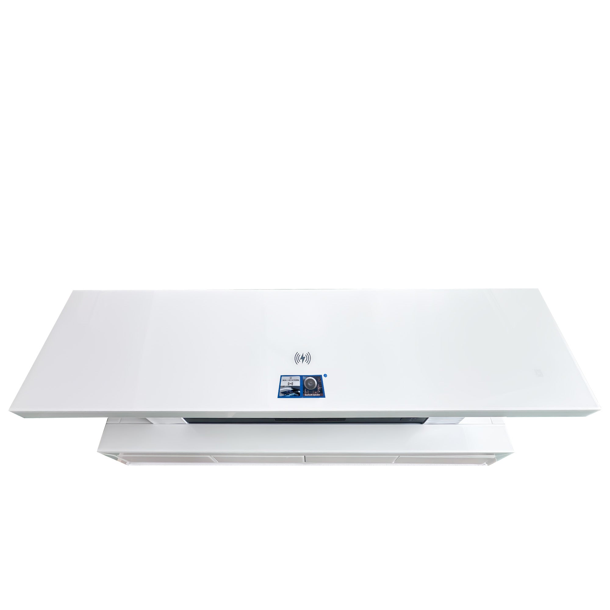 The surface of the VANITII TV stand is equipped with wireless charging and remote control functions.The overall design is simple and white in color. 